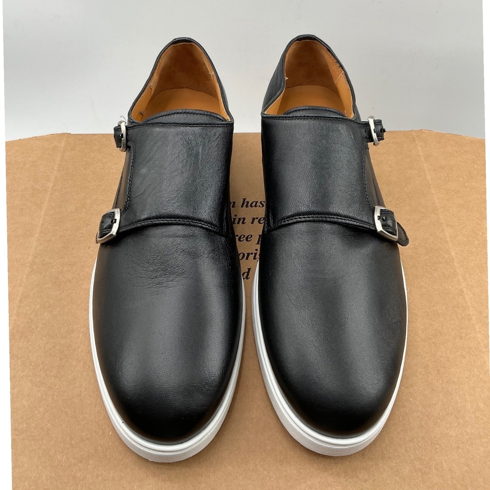 Magnanni Orion II Double Monk Strap Shoe Black Leather White Sole Dress Shoes